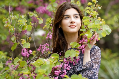 Vista previa: Pretty, brunette female standing in park, looking up, holding pink blossom, smiling.