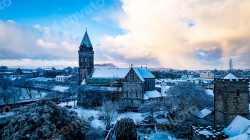 Preview: Aerial view of the Sligo cityscape covered in January snow