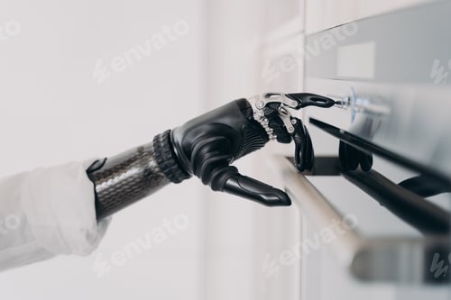 Preview: Oven opening with cyber arm prosthesis grasp. Disabled person amputee going to cook.