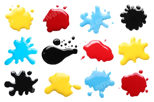 Preview: Printer ink of different colors. Set of spots isolated on white, top view