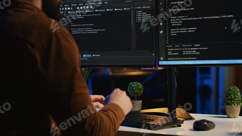 Preview: Software engineer typing on keyboard buttons, writing lines of code, close up