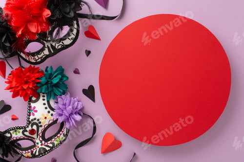 Preview: From top view perspective, a carnival masks designed as skeletons, embellished with flowers