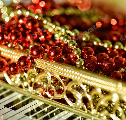 Preview: Festive Holiday Piano decorated with glimmering, shimmering colorful shiny red and gold beaded bokeh