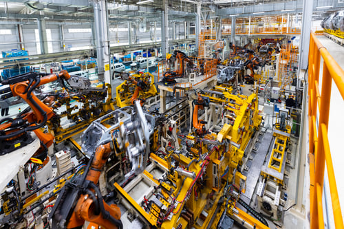 Preview: Automobile production line. Welding car body. Modern car assembly plant. Top view