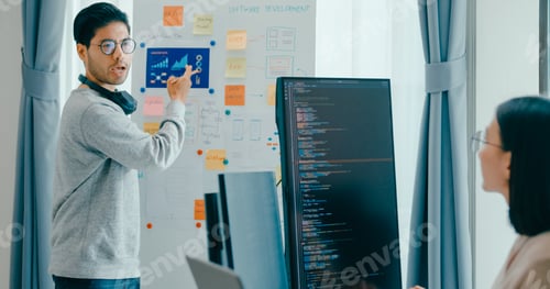 Preview: Asia male female software developers mentor leader manager talk strategy plan to executive.