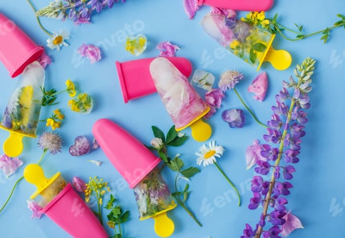 Preview: Frozen popsicles and ice cubes made of colorful wildflowers on blue background flat lay
