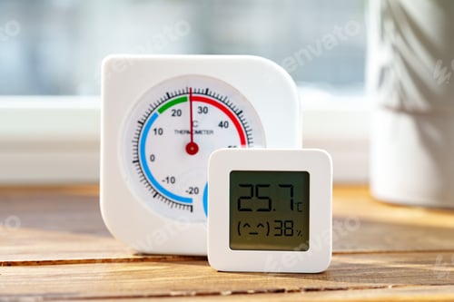 Preview: Digital Thermometer Displaying Temperature and Humidity Near Window