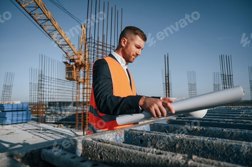 Preview: In orange colored uniform. Man is working on the construction site at daytime