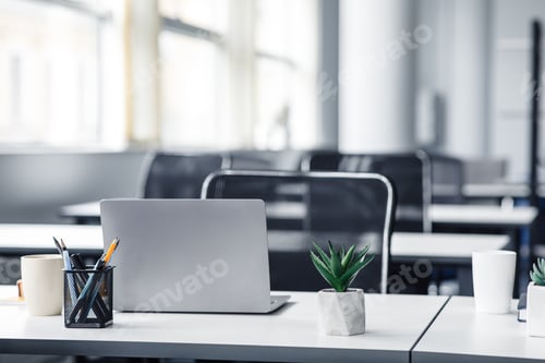 Preview: Empty space workplace in coworking office during quarantine covid-19