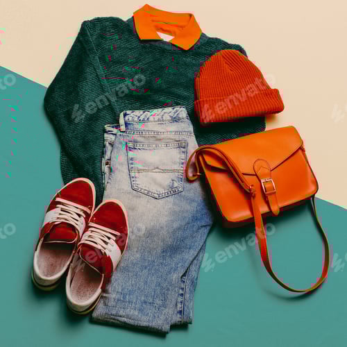 Preview: Stylish clothes. Focus on red. Caps, Sneakers, shorts. Bag. Acti