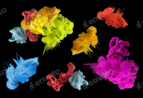 Preview: Acrylic colors in water. Ink blot. Abstract black background. Collection. Set.