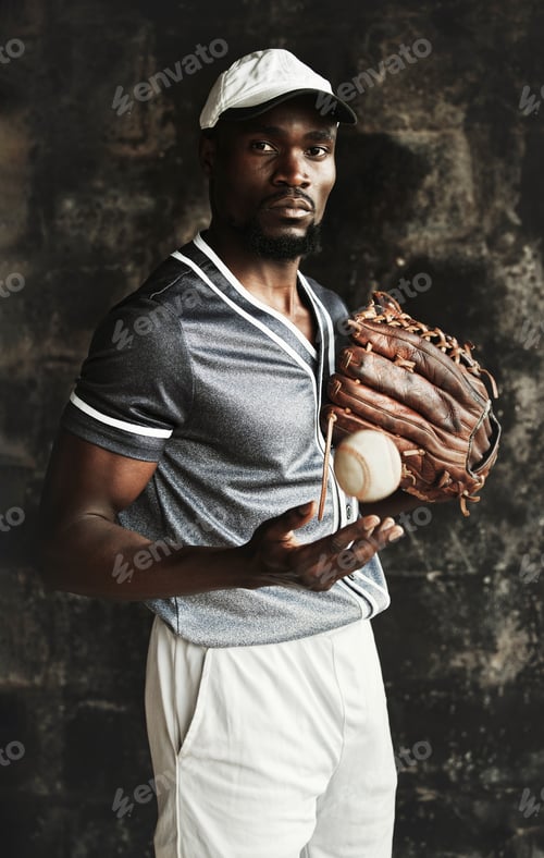 Preview: Black man, baseball player and motivation for fitness, training and exercise with ball, baseball gl
