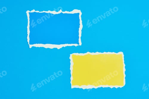 Preview: Two ripped paper torn edge sheets on a blue background. Template with piece of color paper