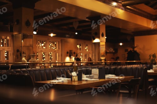Preview: Table with plates, cutlery and napkins in modern cafe