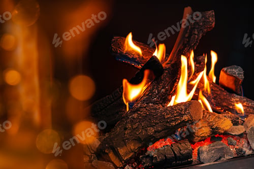 Preview: Wood logs burning in fireplace close up
