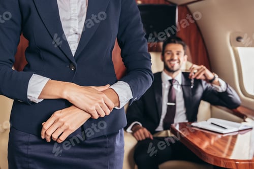 Preview: cropped view of flight attendant in uniform in private plane