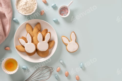 Preview: Easter cookies shaped of bunny in white plate. Festive food and kids snacks.