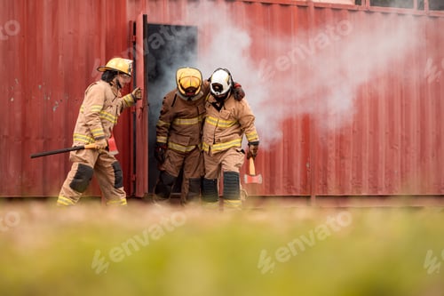 Preview: A team of firefighters evacuates an injured colleague from a smoke-filled training structure
