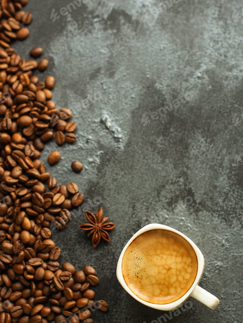 Preview: Coffee Fresh And Hot In A White Cup, Aroma. Serving Of Beverage (Coffee Grain). Food. Top View