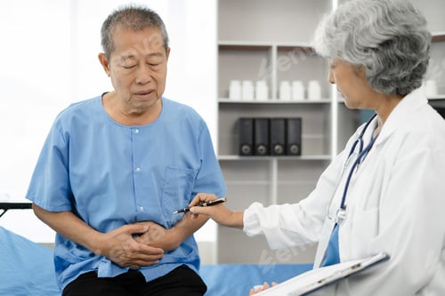 Preview: Concerned senior old patient, patient talks with healthcare professional.
