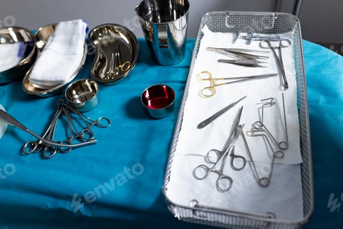 Preview: Sterilised surgical tools and equipment in trays in hospital operating theatre