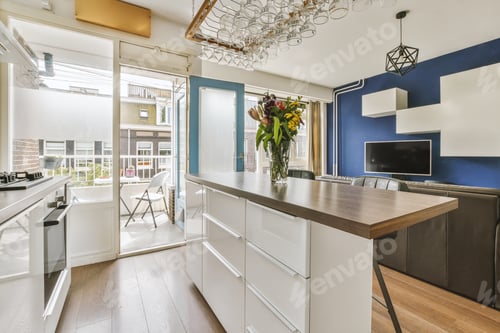 Preview: Kitchen and dining zone in modern apartment