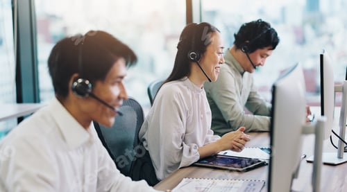 Preview: Customer service, call center and Asian business people on computer for contact, online help and co