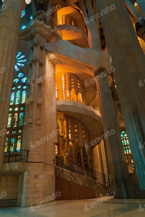 Preview: Gaudi Masterpiece Sagrada Familia Basilica.UNESCO World Heritage.View of interior,Impressive facade