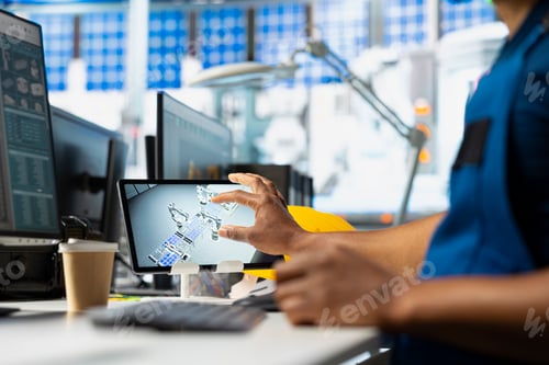 Preview: Black technician developing optimization in solar power production line