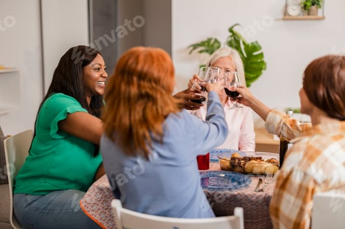 Preview: Multigenerational friends toasting red wine at christmas dinner
