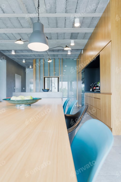 Preview: Wooden table and blue chairs