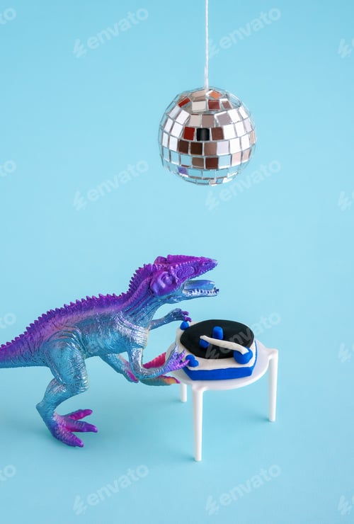 Preview: Cute blue and violet dinosaur toy holding listen vinyl on vinyl record player on blue background.