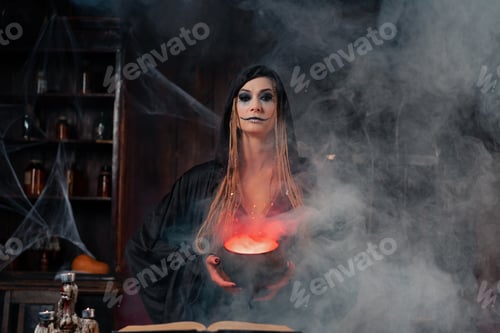 Preview: Halloween, witch use magic book and cauldron prepare poison or love potion