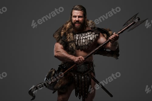 Preview: A fierce bearded Viking warrior in fur and light armor