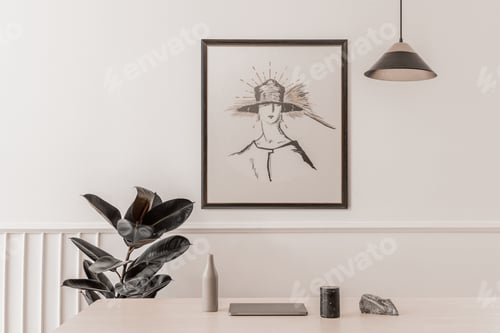 Preview: Picture frame with woman portrait painting on the wall, workspace home interior