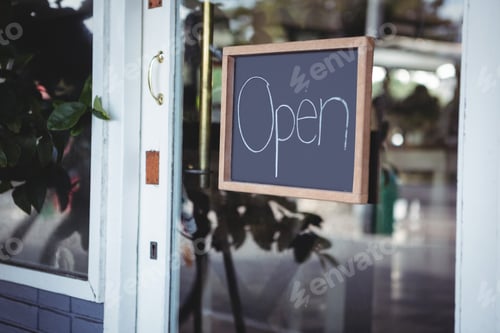 Preview: Open Signboard On The Door Of A Cafeteria