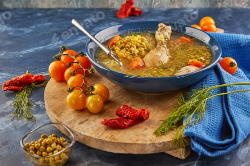 Preview: Pea soup with chicken, carrots, tomatoes and herbs in a deep plate on wooden board