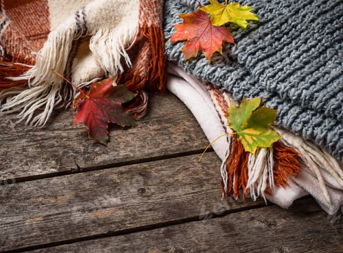 Preview: Autumn background with plaid and leaves