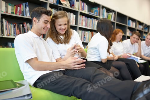 Preview: Row of teenagers hanging out in library