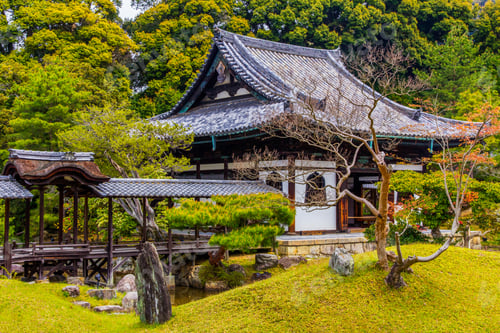 Preview: Temple and beautiful japanese gardens in Kyoto, japan, traditional temple architecture, vegetation
