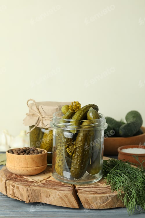 Preview: Concept of cooking pickles on gray wooden table