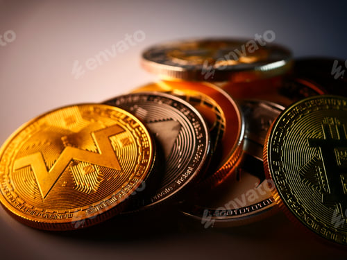 Preview: Closeup of monero, bitcoin, and other cryptocurrencies golden coins