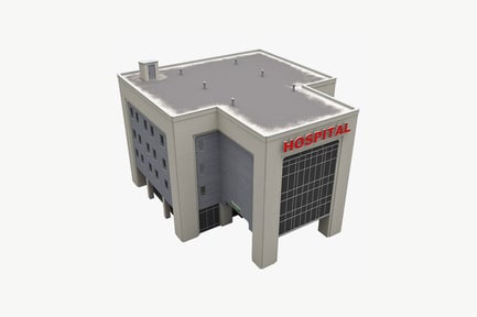 Vista previa: Edificio hospitalario con señalización en la azotea