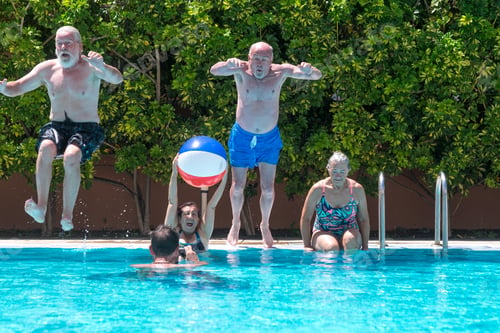 Preview: Happy group of mature people enjoying summer and swimming pool, jumping and playing.