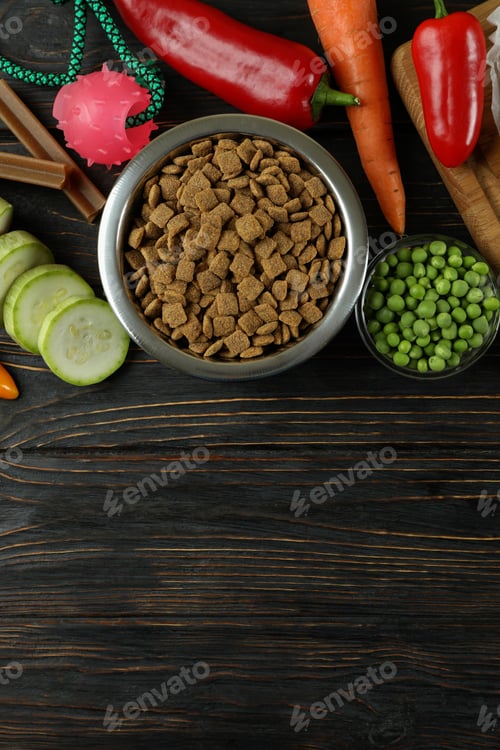 Preview: Concept of organic pet food on wooden background