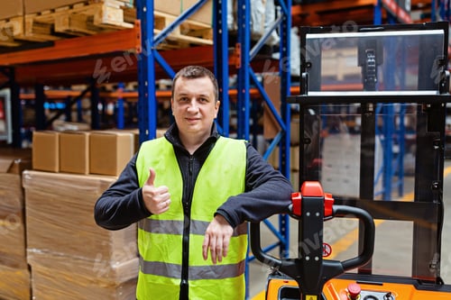 Preview: Happy Caucasian man employee showing thumbs up on modern warehouse