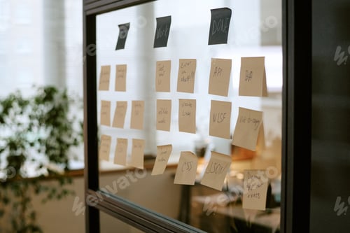 Preview: Organizing Business Workflow Using Sticky Notes on Glass Wall in Office
