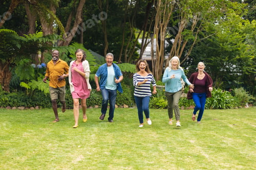 Preview: Carefree multiracial senior male and female friends running in backyard