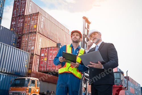 Preview: Container yard manager with safety hat talking to foreman.