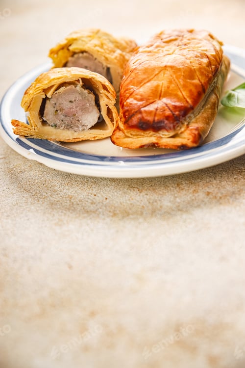 Preview: Meat pie quiche French snack fresh delicious gourmet food background on the table rustic food